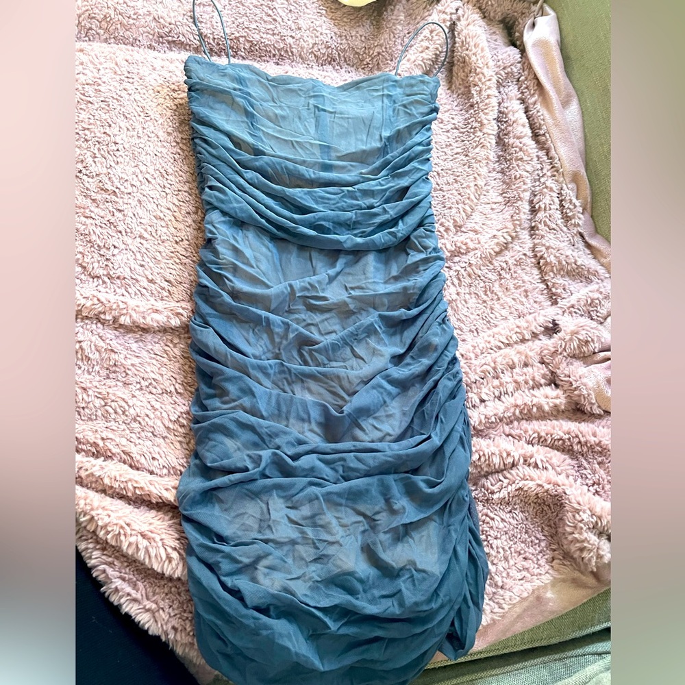 Blue bodycon spaghetti strap mini dress high quality comfortable & ❌ see-through